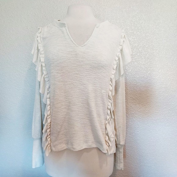 Pilcro Cream V-Neck Sweater w/Ruffle Trim Size Small - Picture 1 of 12